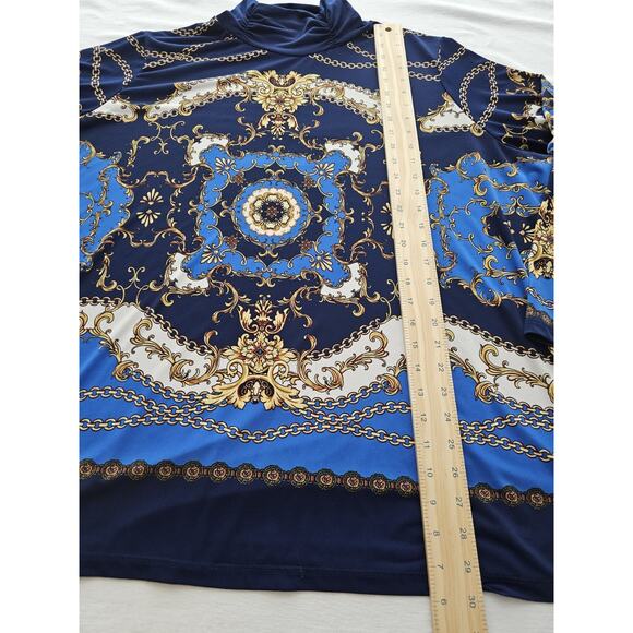 Susan Graver Liquid Knit Printed Turtleneck Blouse Top 3X Plus Size Blue Shirt - Picture 4 of 13